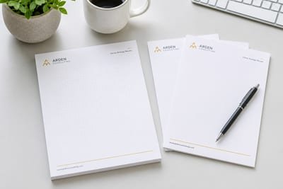 A4 firminiai blankai su logotipu ant šviesaus stalo
