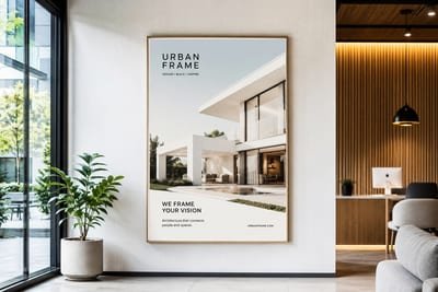 Didelio formato plakatas mediniame rėmelyje ant biuro sienos