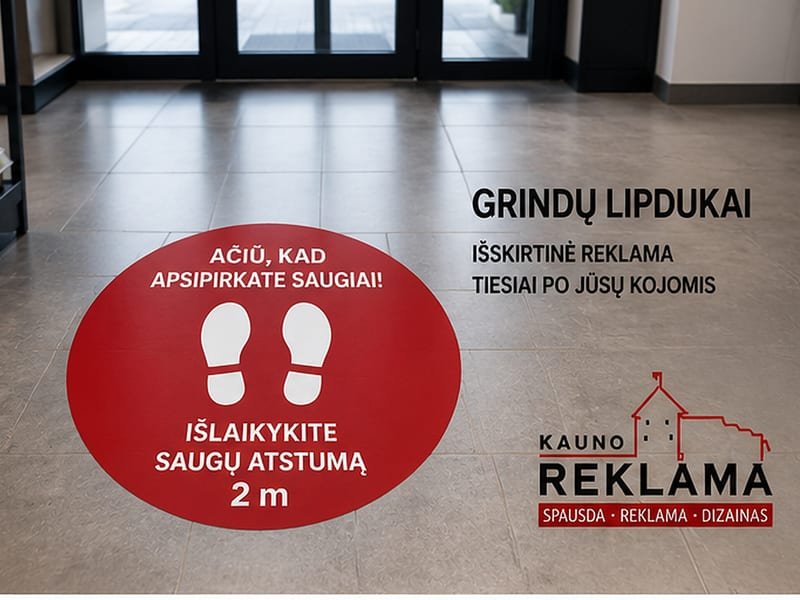 Grindų lipdukai - Speciali spauda grindims. Atspari trynimui, nuo 1 iki 8 mėnesių.