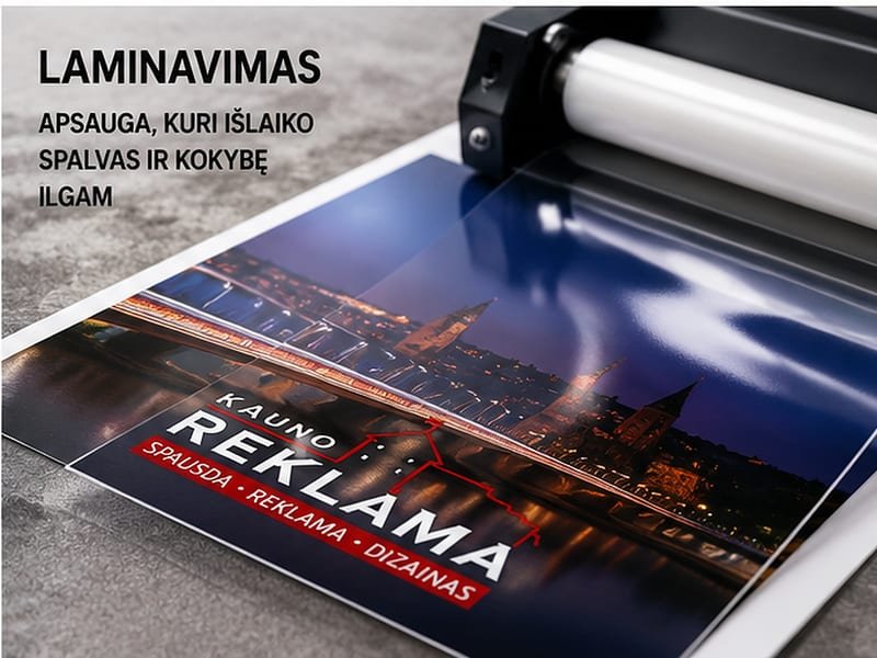 Laminavimas - Laminuojame iki 160 cm pločio, neriboto ilgio. Blizgia arba matine plėvele.