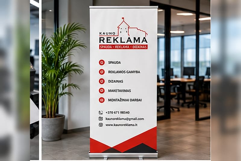 Roll-Up stendai - Ištraukiami stendai su spauda. Keturi dydžiai.