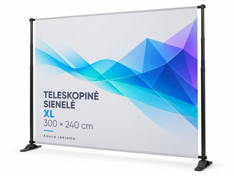 Teleskopinė reklaminė sienelė 300×240 cm su spauda - Mobili sienelė iki 300×240 cm su individualia spauda. Reguliuojamas plotis ir aukštis.